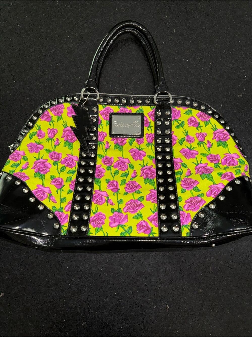 EUC BETSEY JOHNSON BETSEYVILLE Studded BLACK YELLOW PINK ROSES WEEKENDER BAG